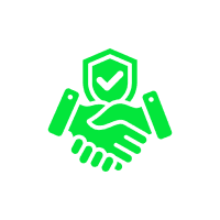 Green handshake icon with shield on black.